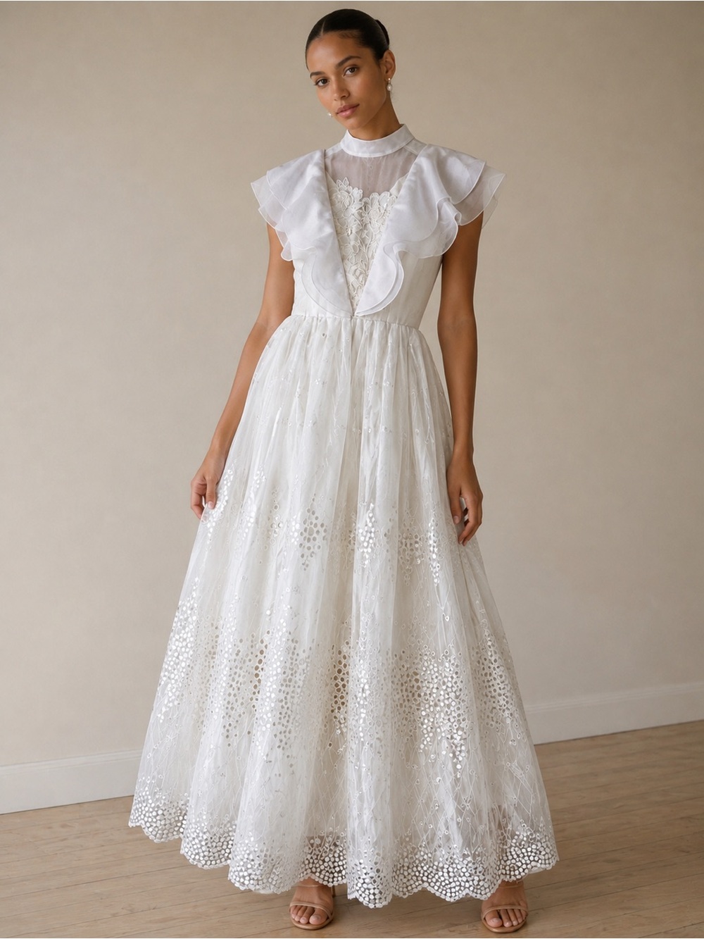 Vintage Ivory & White Formal Ethereal Scalloped Layered Capelet Dreamy Gown S
